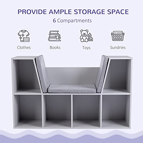 HOMCOM 6-Cubby Kids Bookcase with Reading Nook and Cushion, Multi-Purpose Storage Organizer for Bedroom, Living Room, Grey - color: Grey