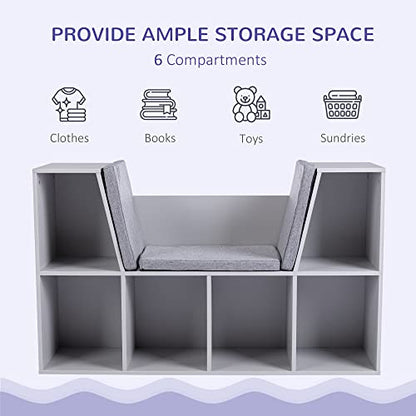 HOMCOM 6-Cubby Kids Bookcase with Reading Nook and Cushion, Multi-Purpose Storage Organizer for Bedroom, Living Room, Grey - color: Grey