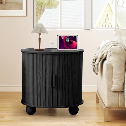 24" End Table with Charging, Night Stand Side Table with Storage | Black End Table, Round Fluted Wood Night Stand, Mid-Century Side Table with Sliding Door for Living Room Bedroom - color: Black, size: 24"-Round