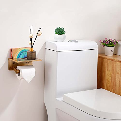 Toilet Paper Holder with Shelf, Aluminum Tissue Roll Dispenser with Mobile Phone Storage Shelf for Bathroom, 3M Self Adhesiv or Wall-Mounted with Screws, Antique Brass - color: Brass Antique