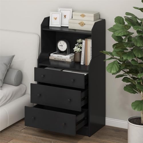 Moccha 3 Drawers Dresser with Shelf, Modern Dresser Tower with 2 Open Shelves, Chest of Drawers with Anti-toppling Device, Tall Storage Dresser Nightstand for Closet, Living Room, Black - color: Black