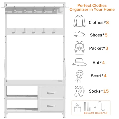Lulive Hall Tree with Bench and Shoe Storage, 31.5” Coat Rack Freestanding | White, 5 in 1 Intelligent Design, 17 Hooks, 2 Drawers, Handy Clothes Rail - color: White, size: 11.8"D x 31.5"W x 70.9"H