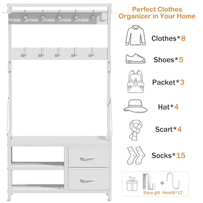 Lulive Hall Tree with Bench and Shoe Storage, 31.5” Coat Rack Freestanding | White, 5 in 1 Intelligent Design, 17 Hooks, 2 Drawers, Handy Clothes Rail - color: White, size: 11.8"D x 31.5"W x 70.9"H
