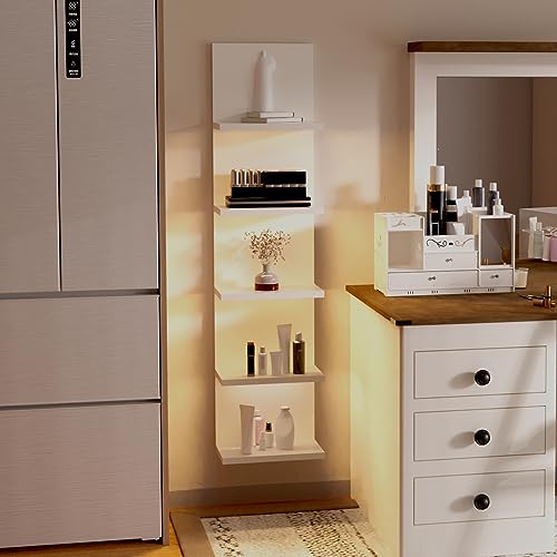 5 Tier Wall Shelf with Light, Floating Lack Shelf for Wall Storage, Wall Mounted Vertical Display Shelf for Bedroom Living Room Vanity, White - color: White