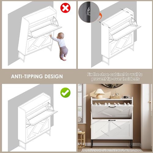 Nicetree Shoe Storage Cabinet with 2 Flip Drawers, Entryway Cabinet, White | Slim Shoe Cabinet with Metal Legs, Narrow Farmhouse Shoe Organizer for Entryway, Foyer, Hallway, Wood Shoe Rack with Hook - color: Alabaster