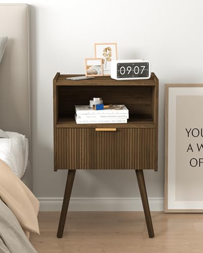 JOONEE Nightstand,Modern Bedside Table with Storage Drawer and Open Wood Shelf, for Living Room, Bedroom and Small Spaces, Accent Night Stand with Solid Wood Legs, Easy Assembly,Walnut Brown - color: Walnut Brown