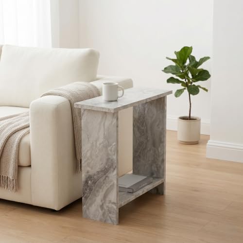 Narrow Side Table for Living Room, Slim End Table for Small Spaces Between Couch, Recliner or Armchair, 2 Tier Skinny Table with Open Shelf, Engineered Wood Sofa Beverage Thin Stand (White Marble) - color: White Marble