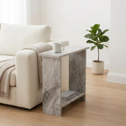 Narrow Side Table for Living Room, Slim End Table for Small Spaces Between Couch, Recliner or Armchair, 2 Tier Skinny Table with Open Shelf, Engineered Wood Sofa Beverage Thin Stand (White Marble) - color: White Marble