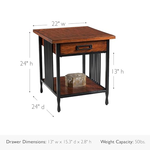 Leick Home Ironcraft End Table, Solid Wood, 1 Storage Drawer, Bottom Display Shelf, Mission Oak, Black Steel Base, Easy Assembly, 22 in W x 24 in H x 24 in D, 11207 - color: Mission Oak