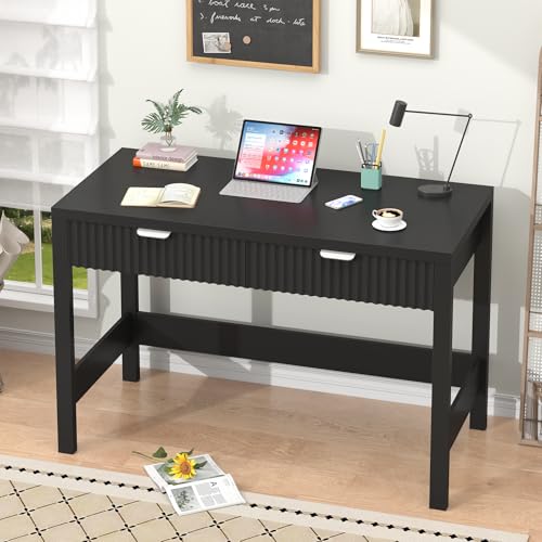 YOMILUVE Fluted Computer Desk with 2 Drawers, 39 Inch Small Computer Desk with Storage, Compact Writing Study Desk for Small Spaces, Black - color: Black