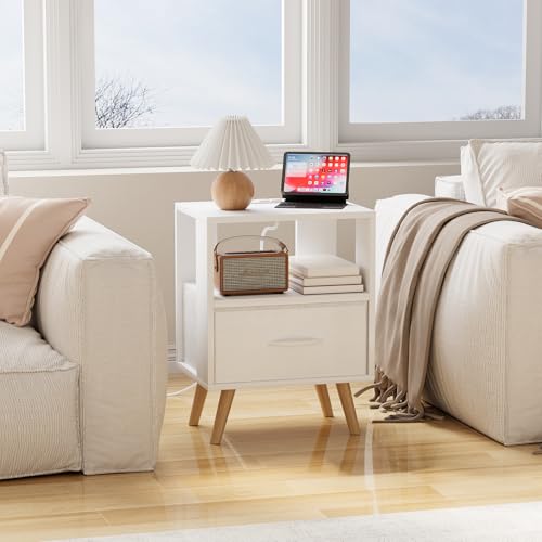 Huhote Kids Nightstand, 2-Tier Night Stand with Charging Station and Drawer, Modern Side Table for Bedroom, Study Room, Small Spaces, White - color: White, size: 2-Tier with Charging