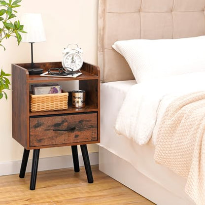 Yoobure Night Stand with Fabric Drawer, Modern Nightstand, Bedside Tables, Mid Century Nightstands with Open Storage Shelf, Wood Bedside Table, Small Night Stands for Bedrooms, 2-Tier Night Table - color: Berry Brown