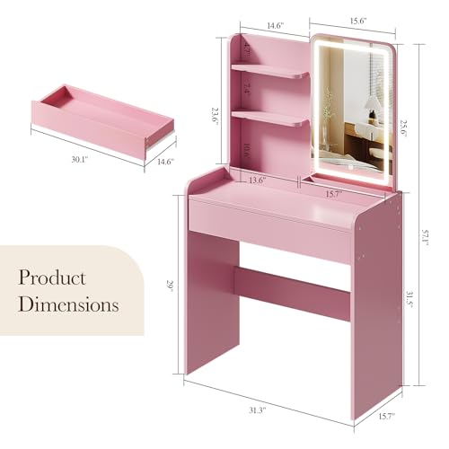 Memobarco Small Vanity Desk with Mirror and Lights, Makeup Vanity with Drawer & Storage Shelves, Vanity Desk with 3 Lighting Modes & Adjustable Brightness, Dressing Table for Women Girls Bedroom, Pink - color: Pink