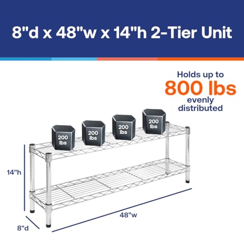 Shelving Inc. 8" d x 48" w Chrome Wire Shelving with 2 Tier Shelves, Weight Capacity 800lbs Per Shelf - size: 8" d x 48" w x 14" h