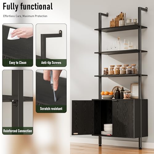 INNOD 74" Tall Bookshelf with Storage Cabinet, Modern Ladder Shelf with Wood and Metal Frame, Wall Mount Bookcase Open Display Shelf Furniture for Living Room, Bedroom, Home Office，Black - color: Black