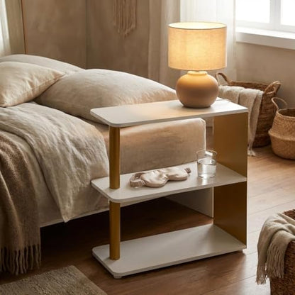 3-Tier Narrow End Table, Industrial Slim Side Table for Small Spaces, Sofa Couch Table Accent Nightstand with Storage Shelves for Living Room, Bedroom, Gold and White - color: Gold