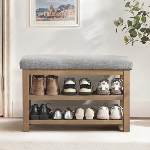 Zihanhome Shoe Rack Bench with Cushion, 2 Tier Solid Wood Storage Bench, Mid-Century Modern Shoe Bench for Entryway, Hallway, Closet, Front Door Entrance, Foyer (Grey, 31.5") - color: Grey, size: 31.5"