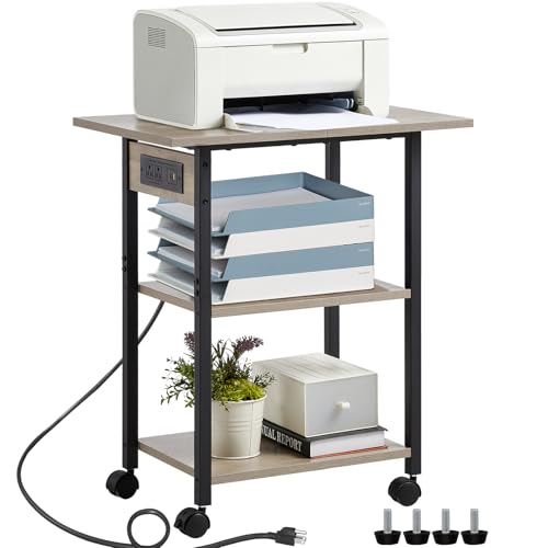Lerliuo 3-Tier Printer Stand with Charging Station, Rolling Printer Table | Oak Industrial Mobile Printer Cart Desk Holder for Home Office, Lockable Wheels, Open Storage Shelf, Metal frame - color: Oak, size: 3-Tier with Charger