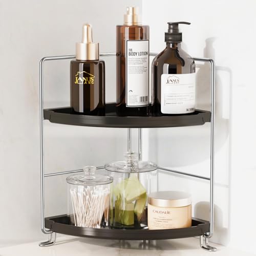 2-Tier Bathroom Organizer Countertop Corner - Makeup Organizer Cosmetic Perfume Holder Bedroom Storage Shelf or Kitchen Spice Rack (Chrome + Black) - color: Black + Sliver