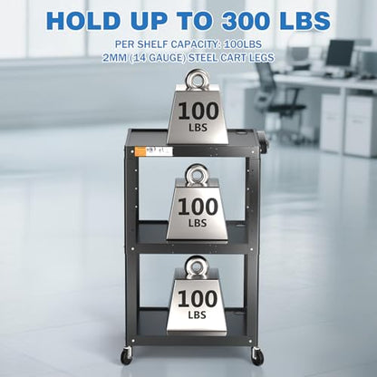 3 Shelf Metal Utility Cart with Wheels & Power Strip - Steel Mobile AV Cart for Video Projector, TV, Laptop, Computers, Printers - Height Adjustable Media Carts for Office Classroom Warehouse - style: AV Cart without Keyboard Tray (AV-JS)