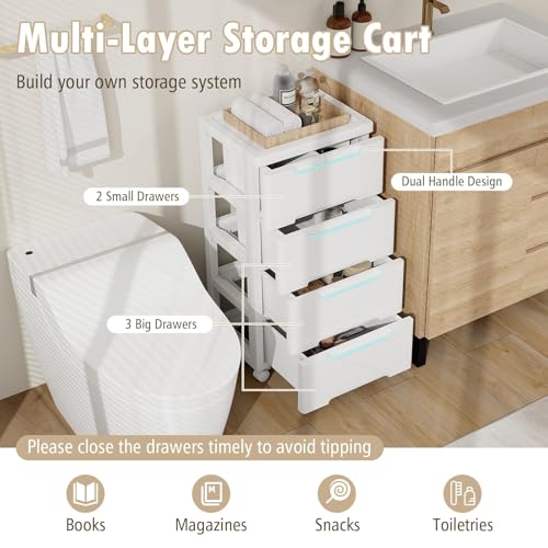 Plastic Storage Drawer Cart, Mobile Utility Cart, Home Craft Organizer with 5 Drawers & Lockable Wheels, Slim Rolling Storage Cart for Living Room, Bathroom, Dorm & Office (16”L x 13”W x 31”H)