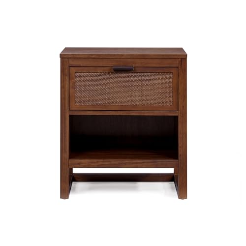 Teamson Home Hatteras 20" W Nightstand with 1 Deep Drawer and Open Shelf Storage in Coastal Modern Style, Ball Bearing Glides, Pine Wood Frames and MDF with Rattan, Walnut Finish | 1 Deep Drawer, Open Shelf Storage, Coastal Modern Style, Ball Bearing Glid