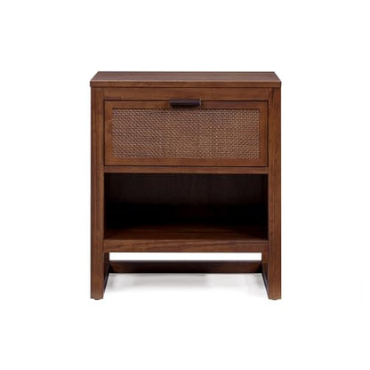 Teamson Home Hatteras 20" W Nightstand with 1 Deep Drawer and Open Shelf Storage in Coastal Modern Style, Ball Bearing Glides, Pine Wood Frames and MDF with Rattan, Walnut Finish | 1 Deep Drawer, Open Shelf Storage, Coastal Modern Style, Ball Bearing Glid