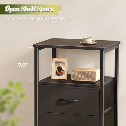 Huuger Night Stand with 2 Drawers, Bed Side Table with Open Shelf, Wooden Top, Nightstand for Bedroom, End Table for Small Space, Fabric Drawer, Black - color: Black