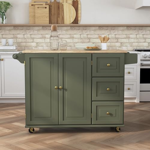 Homestyles Mobile Kitchen Island Cart with Wood Top and Dropleaf Breakfast Bar, 18" D x 53.5" W x 36" H, Green - color: Green
