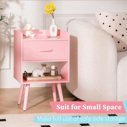 Yoobure Night Stand with Fabric Drawer, Modern Nightstand, Bedside Tables, Mid Century Nightstands with Open Storage Shelf, Wood Bedside Table, Small Night Stands for Bedrooms, 2-Tier Night Table - color: Pink