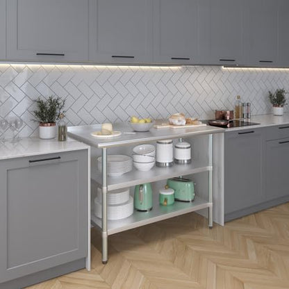 AmGood Stainless Steel Work Table with 1.5" Backsplash and 2 Shelves | NSF (48" Long x 24" Deep) - size: 48" Long x 24" Deep