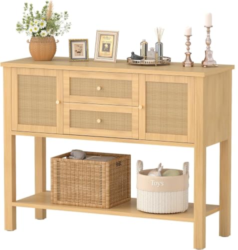 YOSHOOT Rattan Console Table with Storage, Entryway Table with 2 Doors & 2 Drawers, Farmhouse Coffee Bar for Kitchen, Living Room, and Entryway, Oak - color: Oak