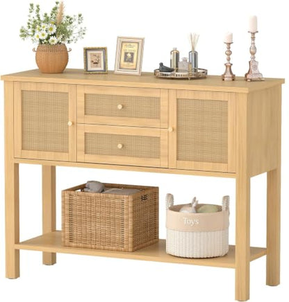 YOSHOOT Rattan Console Table with Storage, Entryway Table with 2 Doors & 2 Drawers, Farmhouse Coffee Bar for Kitchen, Living Room, and Entryway, Oak - color: Oak