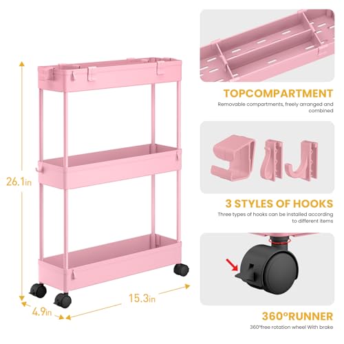 Slim Storage Cart 3 Tier,Bathroom Organizer Rolling Utility,Mobile Shelving Unit Slide Out for Office, Kitchen, Laundry Room & Narrow Places,Pink - color: Pink