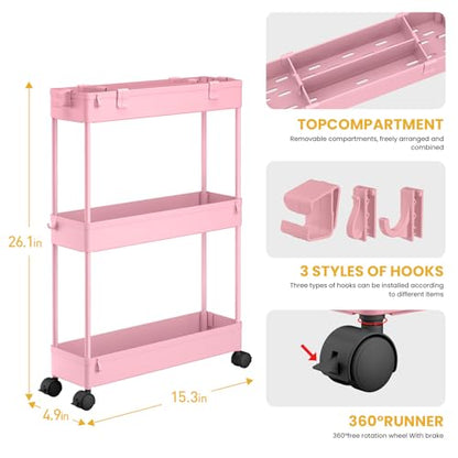 Slim Storage Cart 3 Tier,Bathroom Organizer Rolling Utility,Mobile Shelving Unit Slide Out for Office, Kitchen, Laundry Room & Narrow Places,Pink - color: Pink