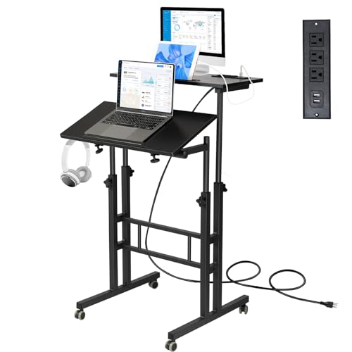 Hadulcet Mobile Standing Desk with Charging Station, Adjustable Standing Computer Desk, Standing Adjustable Laptop Cart with Wheels for Home Office Classroom Black - color: Black, size: 23.6" With Charging Station
