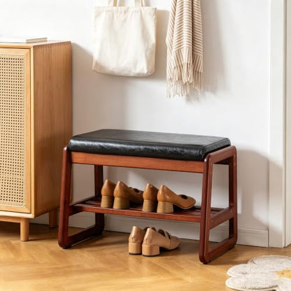 SOBIBO Solid Wood Shoe Bench, 2-Tier Wooden Entryway Bench, Modern Shoe Rack with Cushion for Hallway, Living Room (Black, 21.65'') - color: Black, size: 21.65 inches