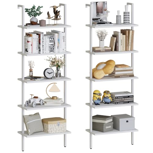 aboxoo Ladder Shelf 2 PCS White Bookshelf 5-Tier Wooden Open Shelf Wall-Mounted Wood Rack Industrial Modern Plant Flower Stand Utility Organizer Bookcase Metal Frame Furniture Office Kitchen Bedroom - color: White Wood 5-tier, size: 2PCS