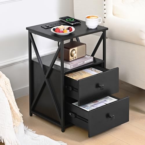 Livofloral LED Side Tables Set of 2, Night Stands with Wireless Charger, End Table Set 2 with Storage, Black Side Table with USB-C and Outlets, Bedside Table with Wood Drawers for Bedroom, Living Room - color: Black, size: 2 Pack with Wireless Charging