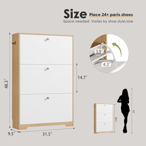 Nicetree Shoe Cabinet with 3 Flip Drawers，Freestanding Shoe Storage Cabinet, Narrow Shoe Organizer Cabinet, Farmhouse Slim Shoe Rack Cabinet for Entryway, Natural Oak and White with Hook - color: Natural Oak and White, style: 3-Drawers with Hook