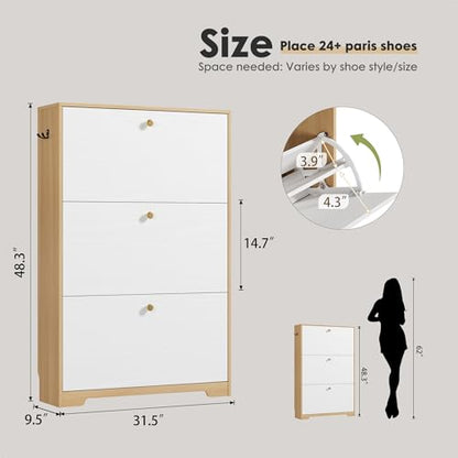 Nicetree Shoe Cabinet with 3 Flip Drawers，Freestanding Shoe Storage Cabinet, Narrow Shoe Organizer Cabinet, Farmhouse Slim Shoe Rack Cabinet for Entryway, Natural Oak and White with Hook - color: Natural Oak and White, style: 3-Drawers with Hook