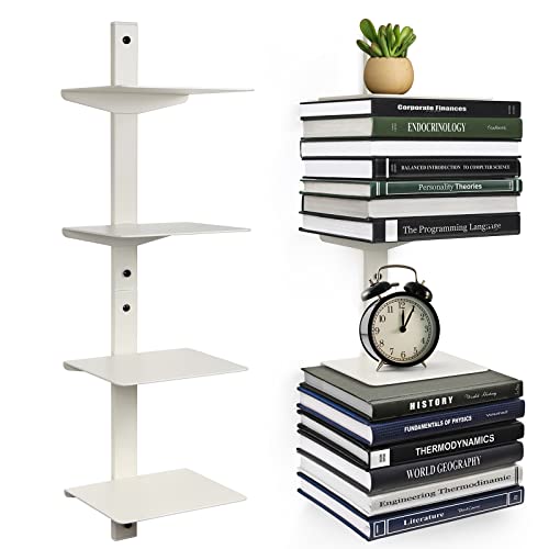 Floating Book Shelves for Wall, 4 Tier Invisible Floating Bookshelf, Vertical Spine Book Tower, Wall Mounted & Space Saving, Heavy Duty Metal Book Organizer for Home Office, 2 Pack White - color: White, size: 2PC-4 Tier