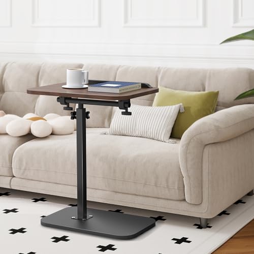 Side Table for Couch, Adjustable Height C Shaped End Table, Narrow Sofa Side Table for Living Room & Bedside, Brown Wooden Top with Black Metal Base