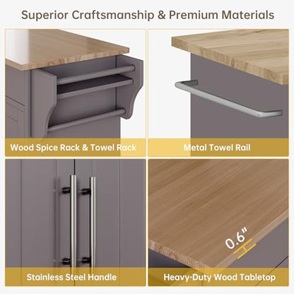 Wood Kitchen Island with Storage, Wooden Rolling Kitchen Island On Wheels with Countertop, Mobile Kitchen Island Cart with Towel Rack, Spice Rack, Adjustable Shelf and Drawers, Grey - color: Grey