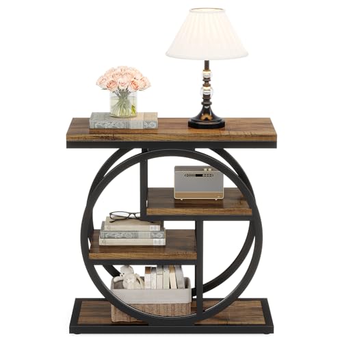Tribesigns End Table for Living Room, 4-Tier Narrow Side Table with Storage Shelves, Industrial Bedside Table for Bedroom, Wood Small Sofa Side Table with Geometric Metal Frame (1 PC, Rustic Brown) - color: Rustic Brown