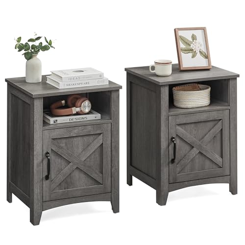 VASAGLE Nightstand Farmhouse Barn Door Bedside Table with Storage | Side End Table, Night Stand, Open Compartment, for Bedroom, Set of 2, Misty Gray, LIRY Collection, ULET809G68 - color: Misty Gray, size: 2 PACK