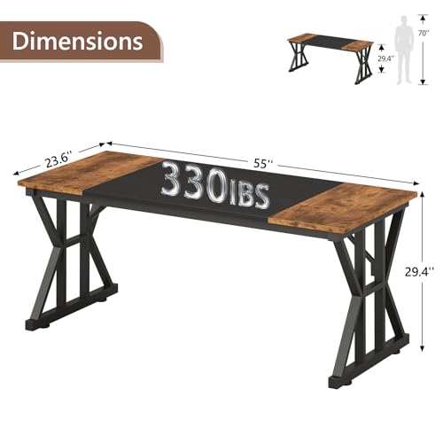 TVU Computer Desk, 55 inch Large Office Desk, Study Writing Table with Thicken Frame, Gaming Desk, Modern Simple Desk for Home Office, Rustic Brown/Black - color: Rustic Brown+black, size: 55inch