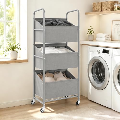 STO STO 3-Tier Vertical Rolling Laundry Hamper, Removable Bags, Gray Faric | 120L Capacity, Space-Saving Vertical Design, Rust-Resistant Steel Frame, Lockable Wheels, Ideal for Apartments & Small Spaces - color: Gray Faric, size: 3-Tier