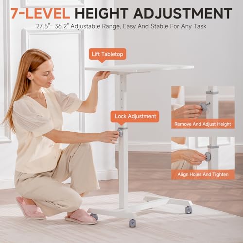GTPLAYER Small Standing Desk, 24 Inches Mobile Rolling Laptop PC Table with Lockable Casters, Adjustable Height Overbed Bedside Table Computer Workstation for Home Office, White-Fixed - color: White-fixed
