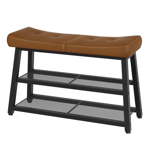 YATINEY Shoe Bench, 3-Tier Shoe Rack, Entryway Bench with Storage and Cushion, for Hallway, Foyer, Bedroom, Brown and Black HX02BV - color: Brown + Black